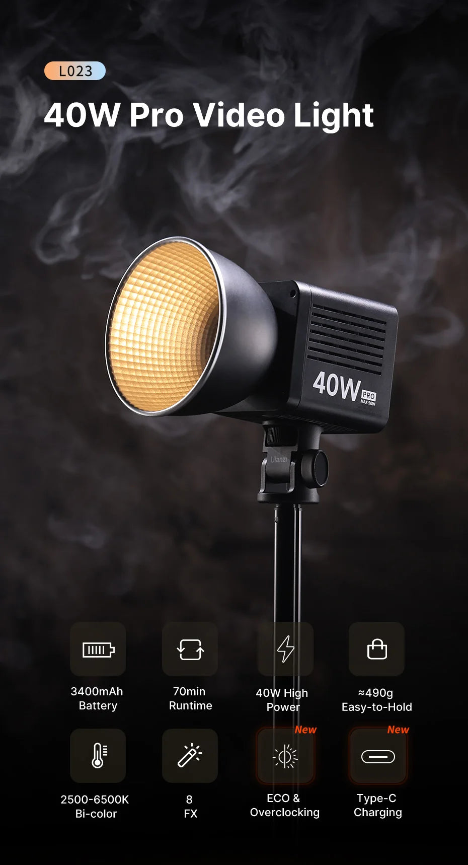 ULANZI L023 40W Pro – Luz LED com Montagem Mini Bowens e Bateria Interna ULANZI L023 40W Pro – Luz LED com Montagem Mini Bowens e Bateria Interna